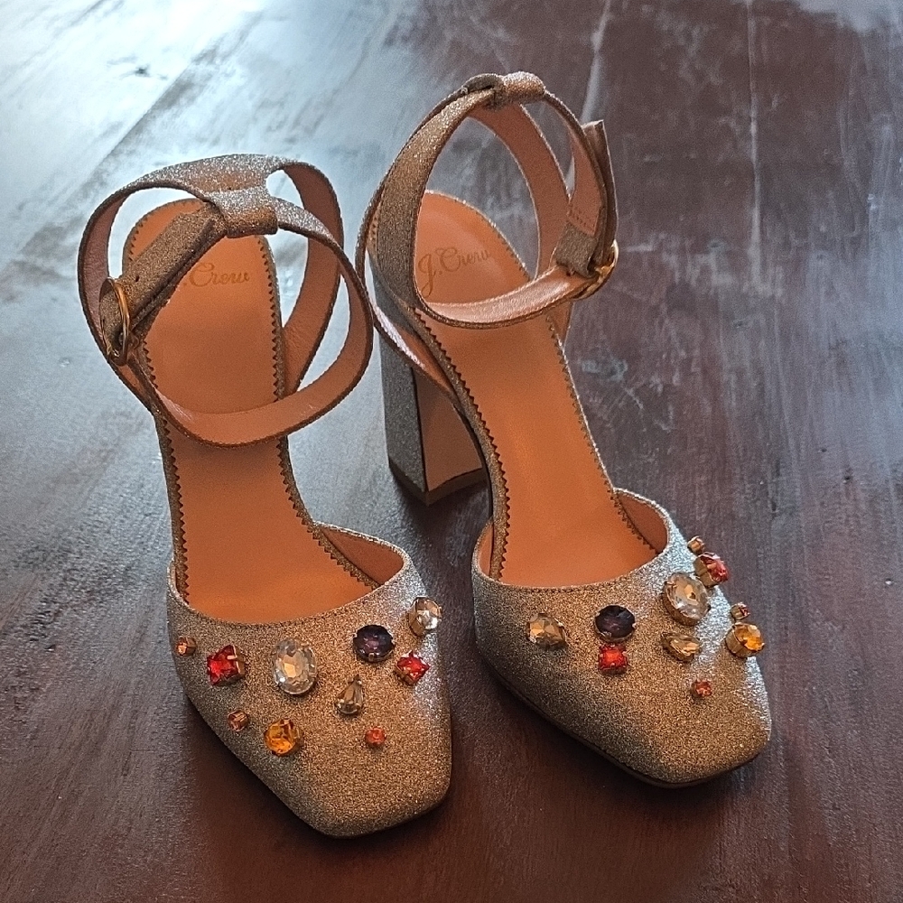 J. Crew Harlow Silver Heels with Colorful Gems